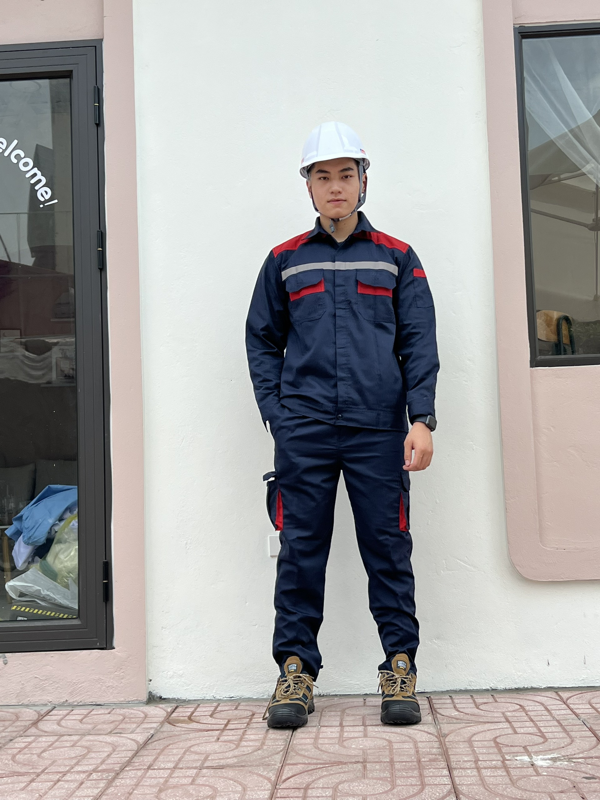Bộ quần áo bảo hộ lao động Pangrim tím than phối đỏ (có phản quang)